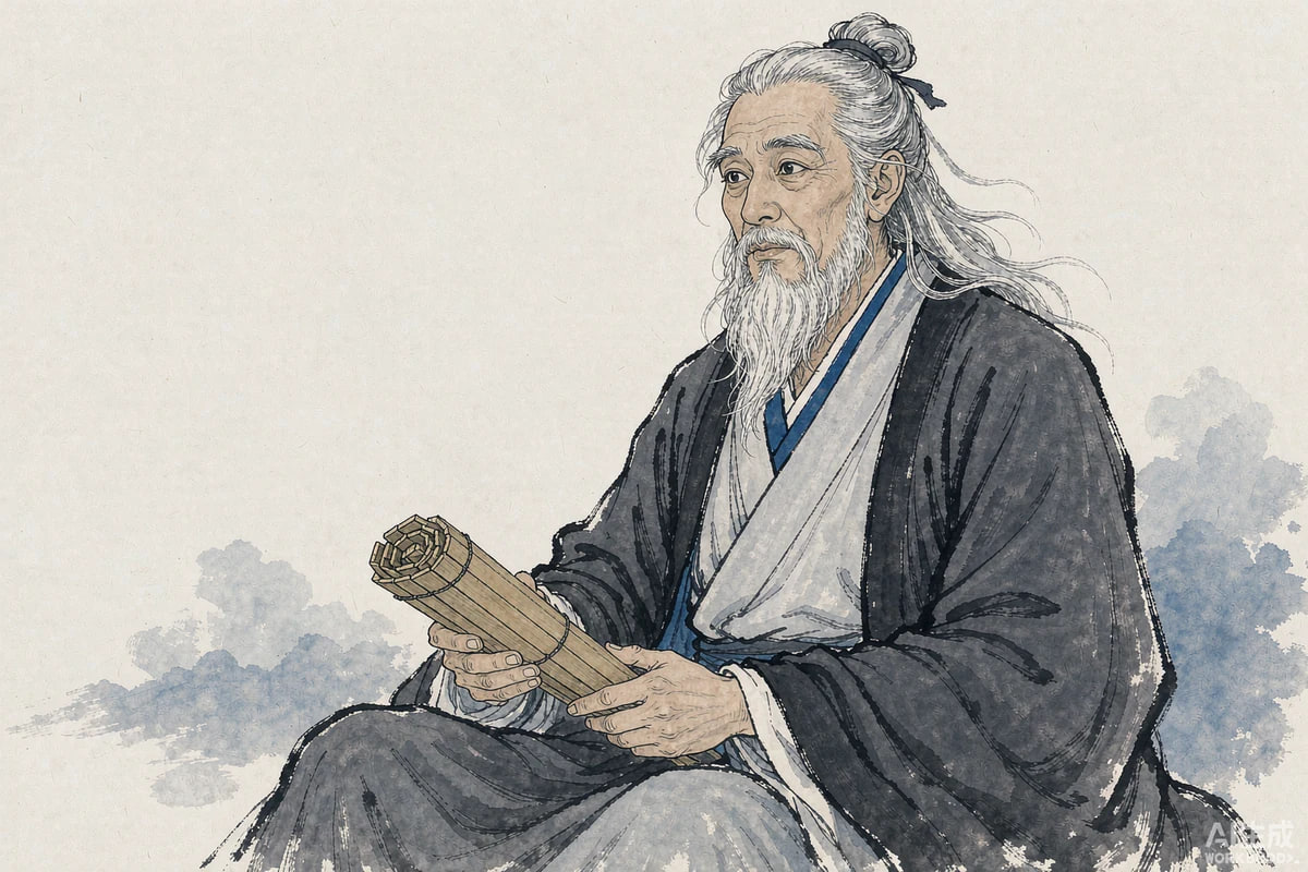 鬼谷子艺术想象图:手持竹简、神态沉静的古代学者,水墨插画;AI生成,非历史真实肖像