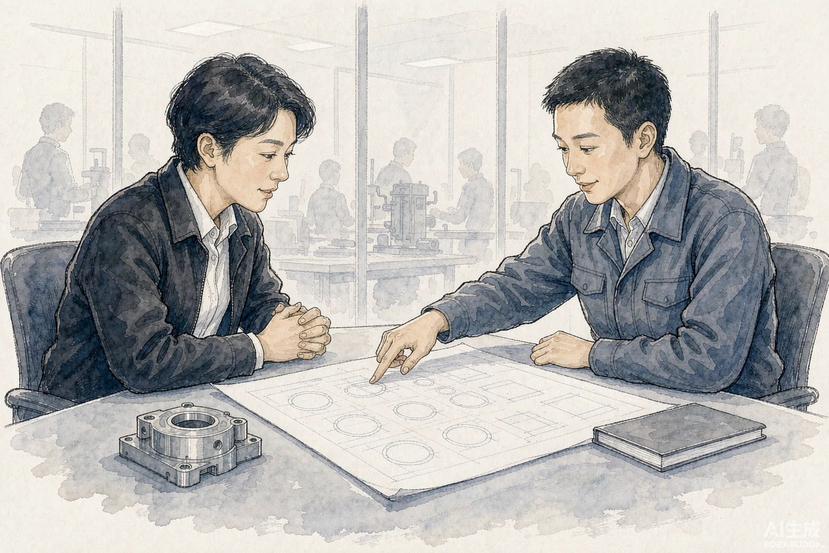 销售顾问与工厂工程师围绕产品图纸交流的制造业沟通情境插画，AI生成，非真实客户案例